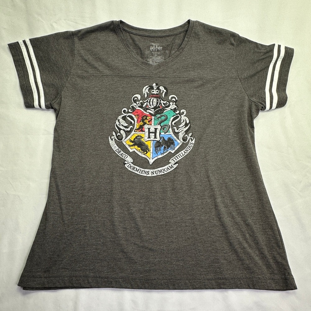 Harry Potter Hogwarts Crest T-Shirt Charcoal Gray Varsity Stripe Wizarding World